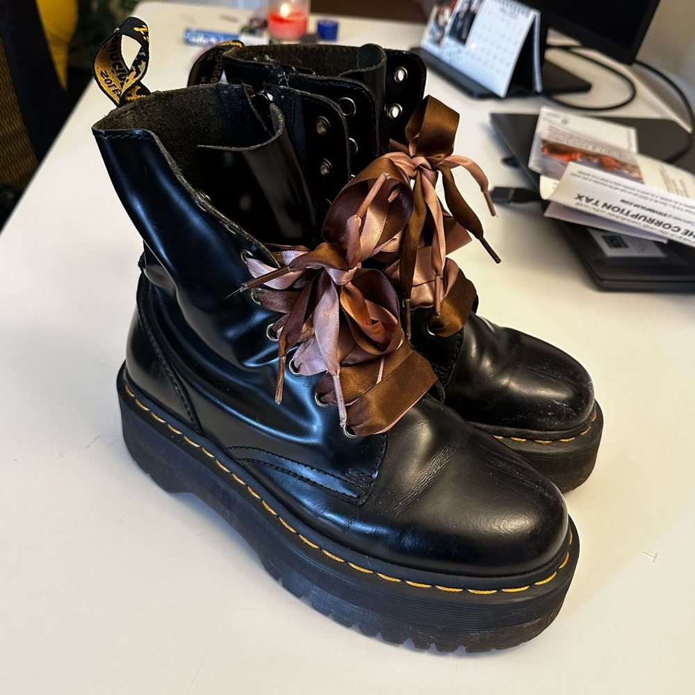 Black Dr Martens Jadon Boots with Pink and Brown Ribbon Laces